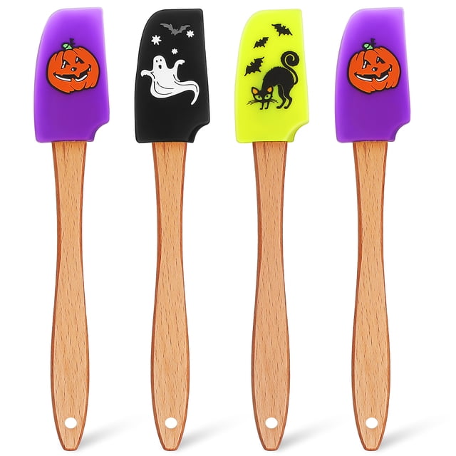 ColoMX Juego de 4 espátulas de silicona para Halloween, espátulas de silicona antiadherentes para hornear con mango de madera para cocinar y hornear, utensilios de cocina, espátula de crema