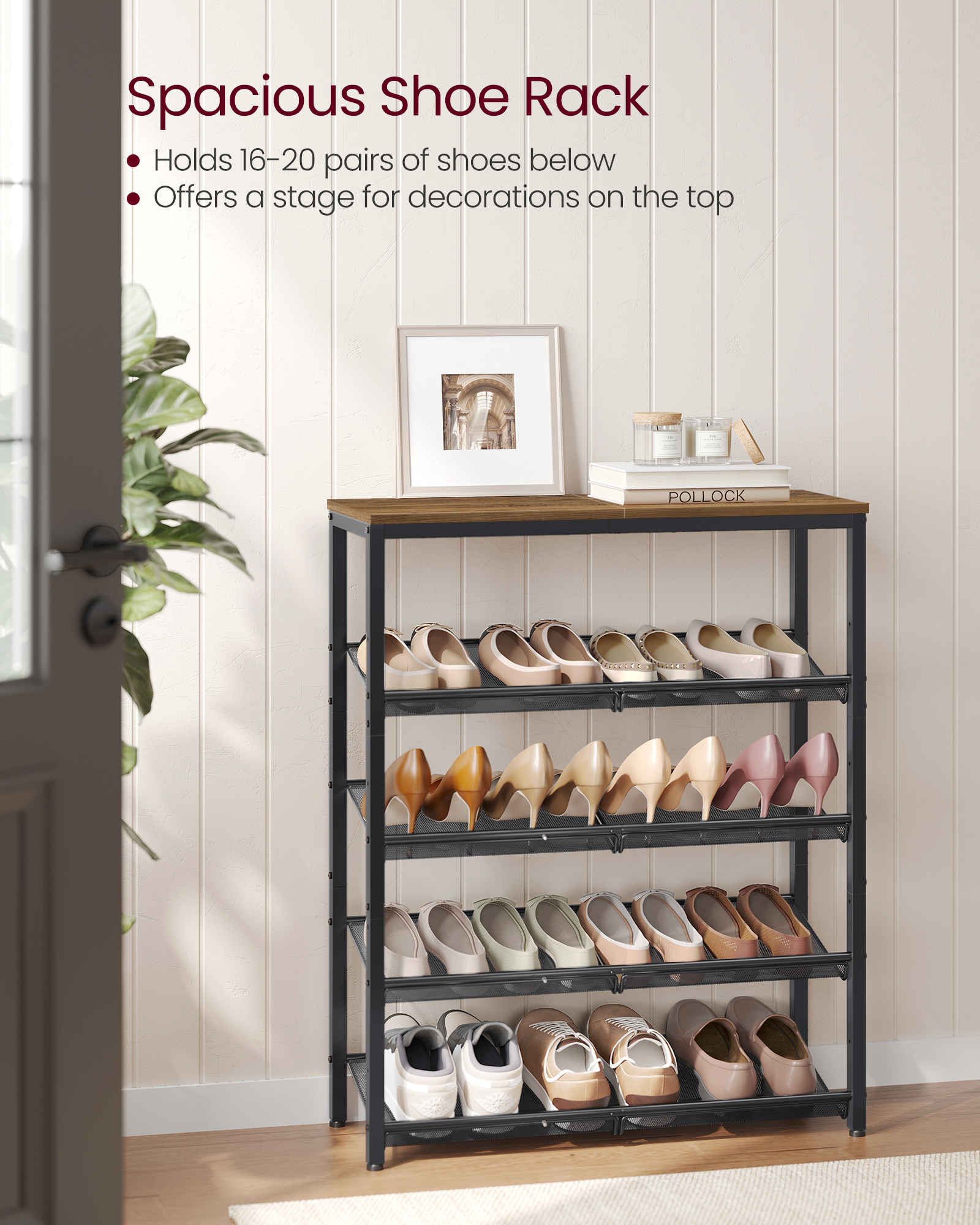 5-Tier Shoe Rack for Entryway, Shoe Storage Organizer for 16-20 Pairs, Wooden Top, Steel Frame - Industrial Honey Brown/Ink Black