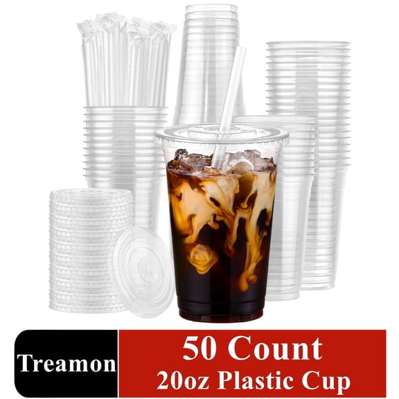 Treamon Clear Plastic Cups with Lids and Straws, Disposable Ice Coffee Cups, 20 oz 50 Count
