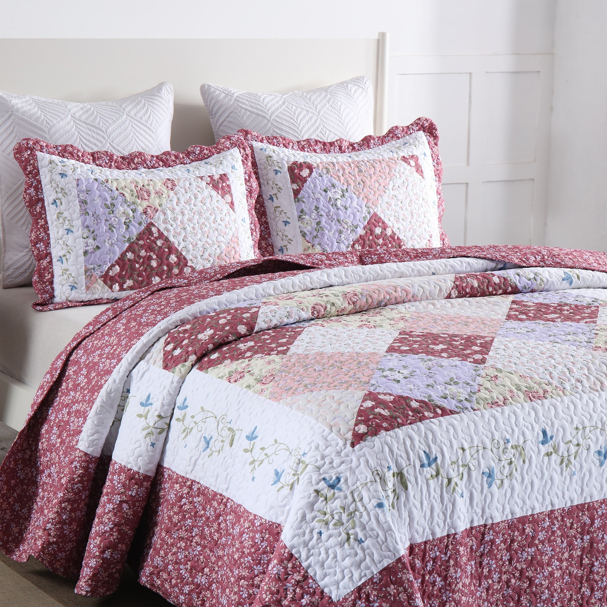 MarCielo  3 Piece Printed Quilt Set Lightweight Bedspread Set Lily Cosmetic Red - Queen