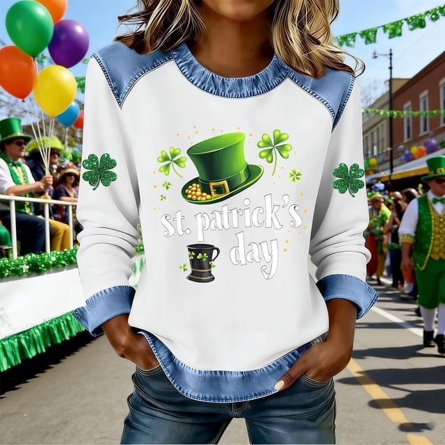 TaTaai Women's St Patrick's Day Fashion Long Sleeve Shirt, Color Block Round Neck, Casual Soft Fit for Holiday Casual Daily Outfits Gift