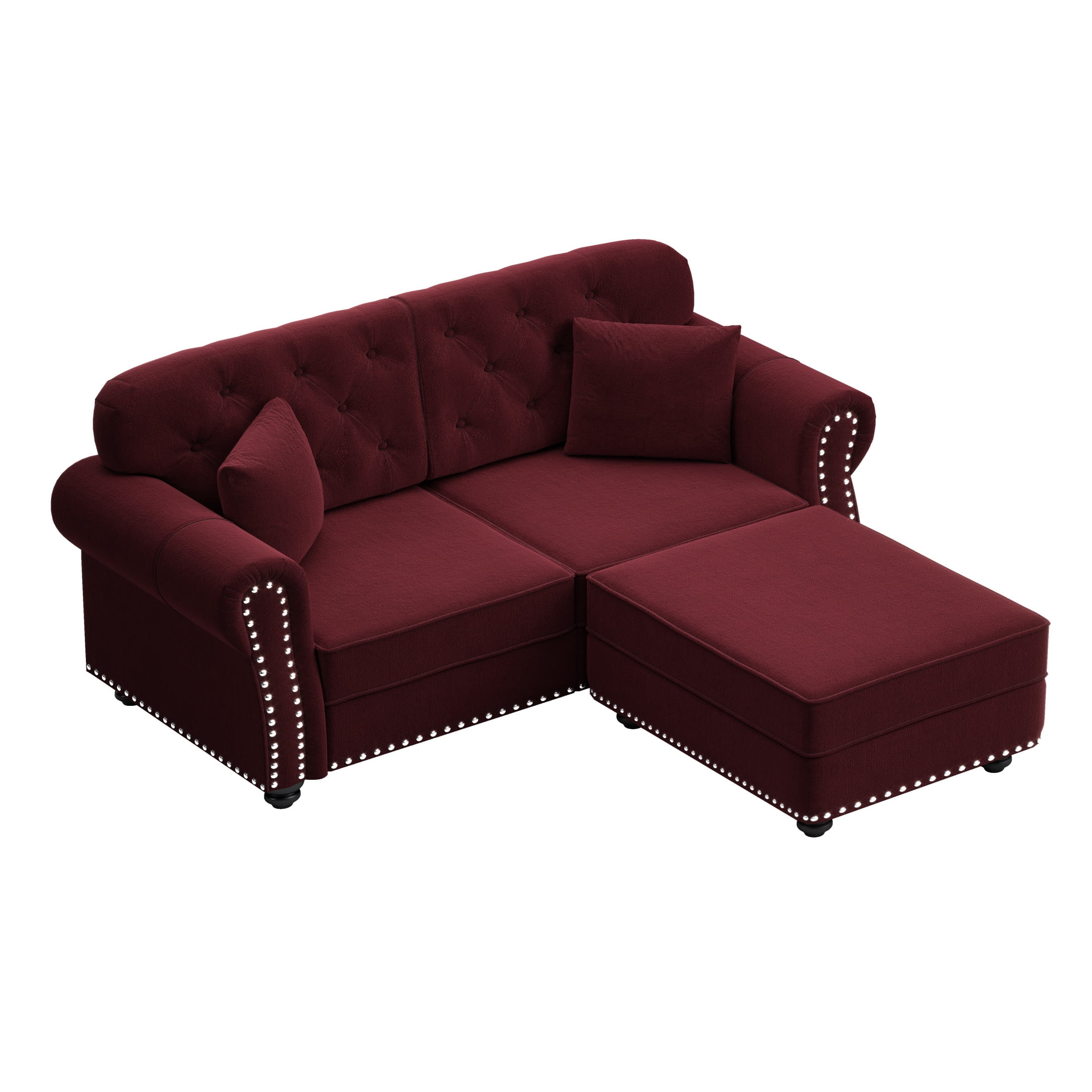Noble House Kieran 2-Seater Velvet Chesterfield Sofa, Modern Tufted Armchair with Nailhead Trim and Ottoman, Burgundy