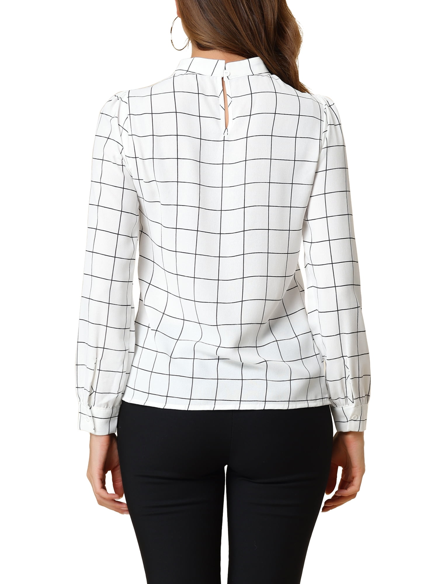 DARING DIVA Bow-Tie Neck Office Work Checks Shirt Top M White