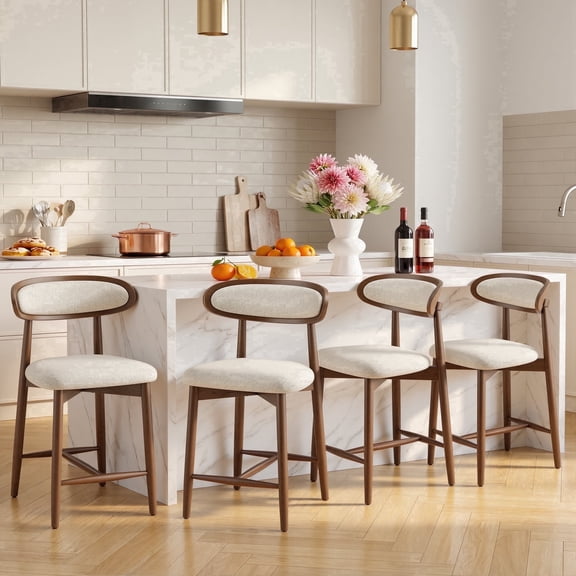 EOP Modern Bar Stools Set of 4, Upholstered 24.8″ Counter Height Bar Stools, Kitchen Island Barstools with Wood Legs for Kitchen Island Dining Room Bar, Beige
