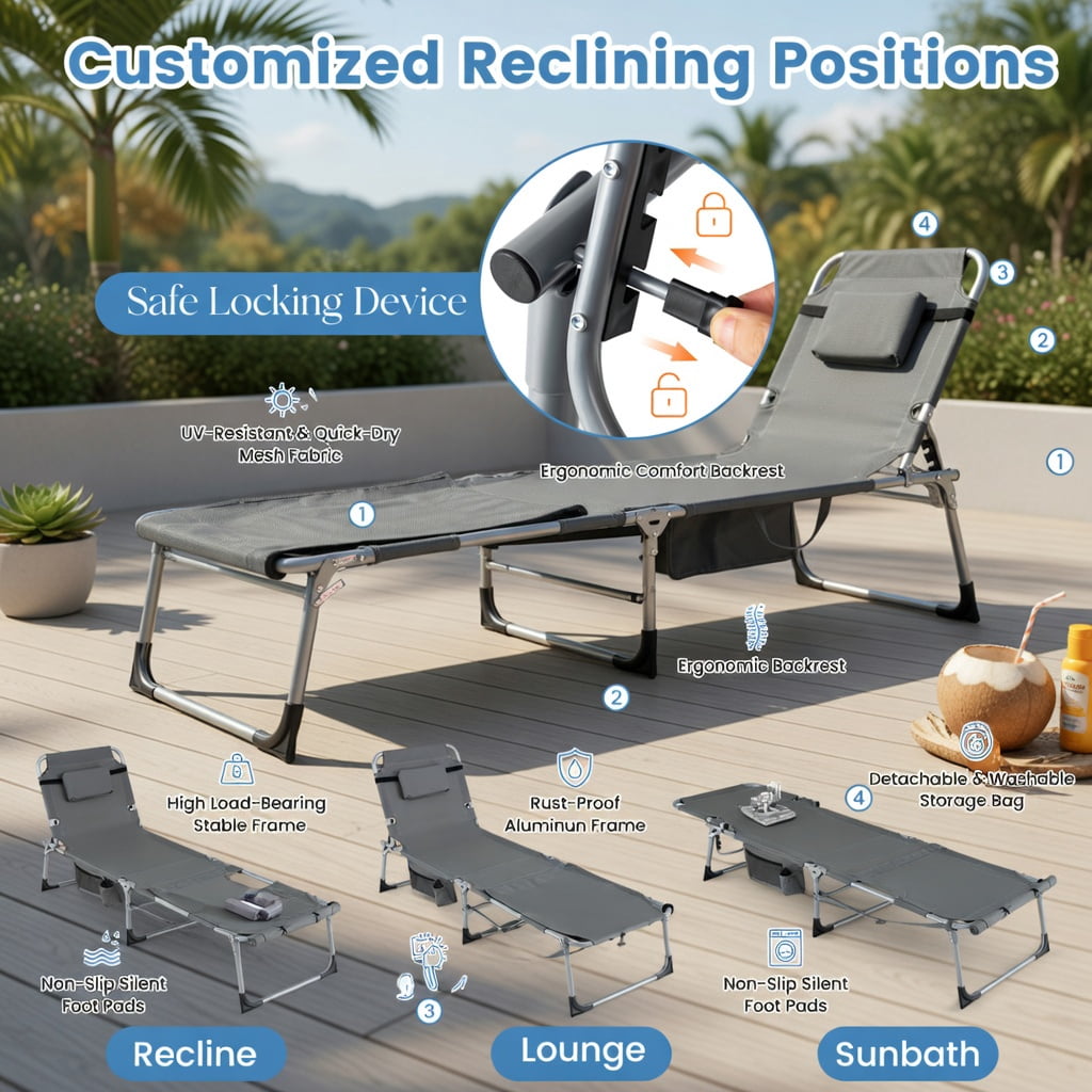 Hommoo 5-Position Adjustable Outdoor Folding Chaise Lounge Chair with Pillow, Lightweight & Portable for Pool, Beach, Patio, or Backyard, Blue