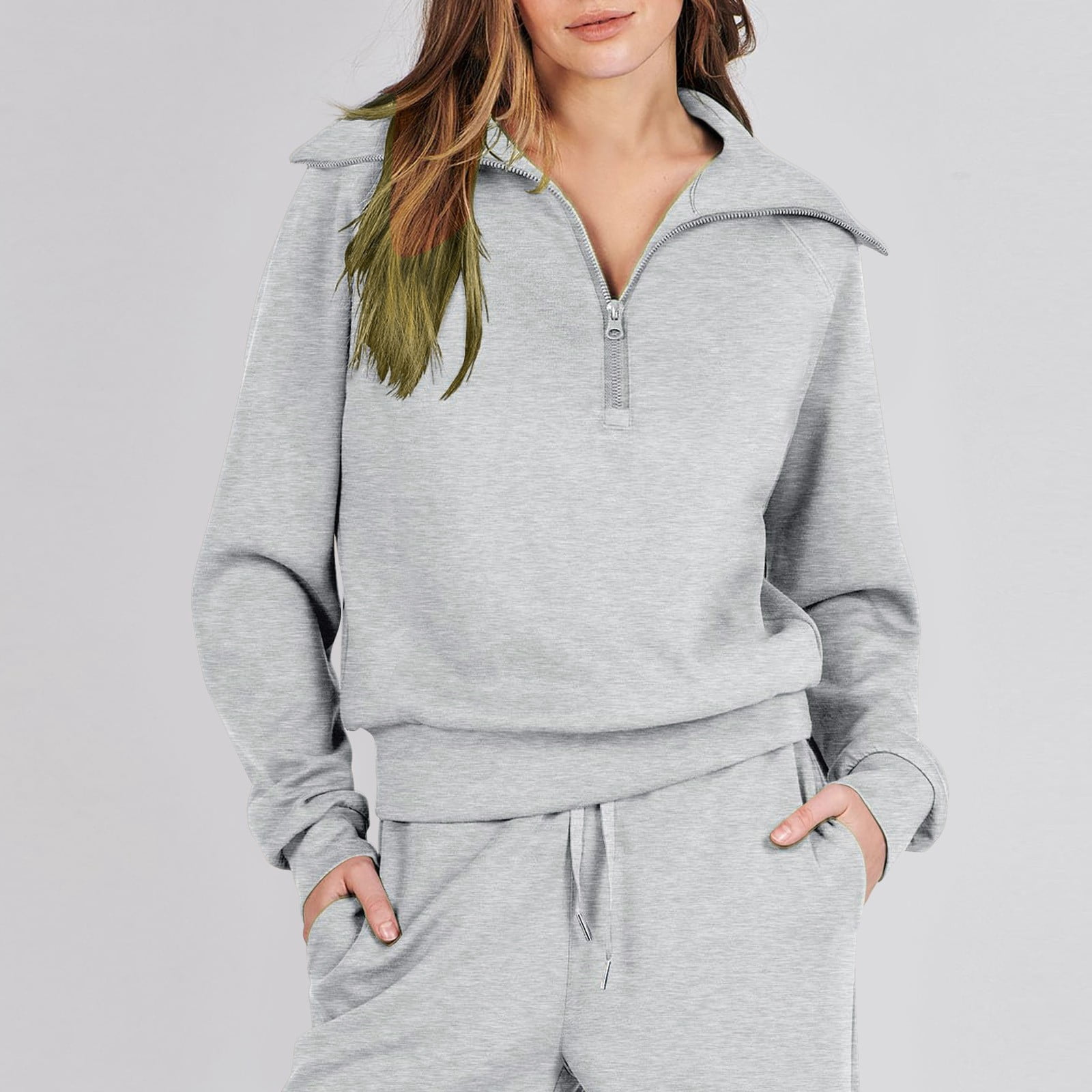 CILENON Travel Outfits for Women 2 Piece Sets Women Two Piece Outfits Sweatsuit Set Quarter Zip Sweatshirt Wide Leg Sweatpant Fall Set Tracksuit Comfy Sets for Women Clothing (Gray,S)