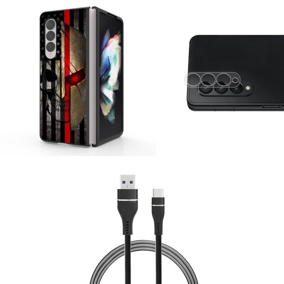 Accessory Bundle for Galaxy Z Fold 4: Slim Snap-On Case (American Spartan), Rear Camera Glass Protector, Nylon Braided USB-C to USB-A Cable (3 Feet)