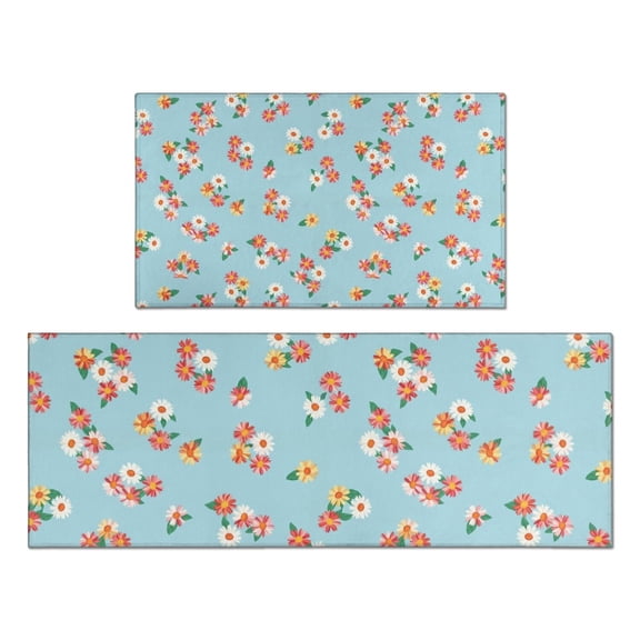 Pioneer Flower Floral Print Pattern Kitchen Rugs Sets Of 2, Anti Fatigue Non Slip Washable Floor Mats for Kitchen Sink Laundry, 17X30 Inch 17X47 Inch