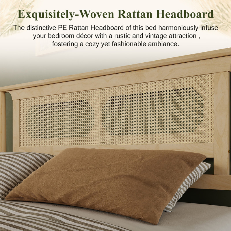 Queen Size Wooden Platform Bed with Rattan Headboard, Low-Profile Bed Frame with 8.6'' Under-Bed Storage