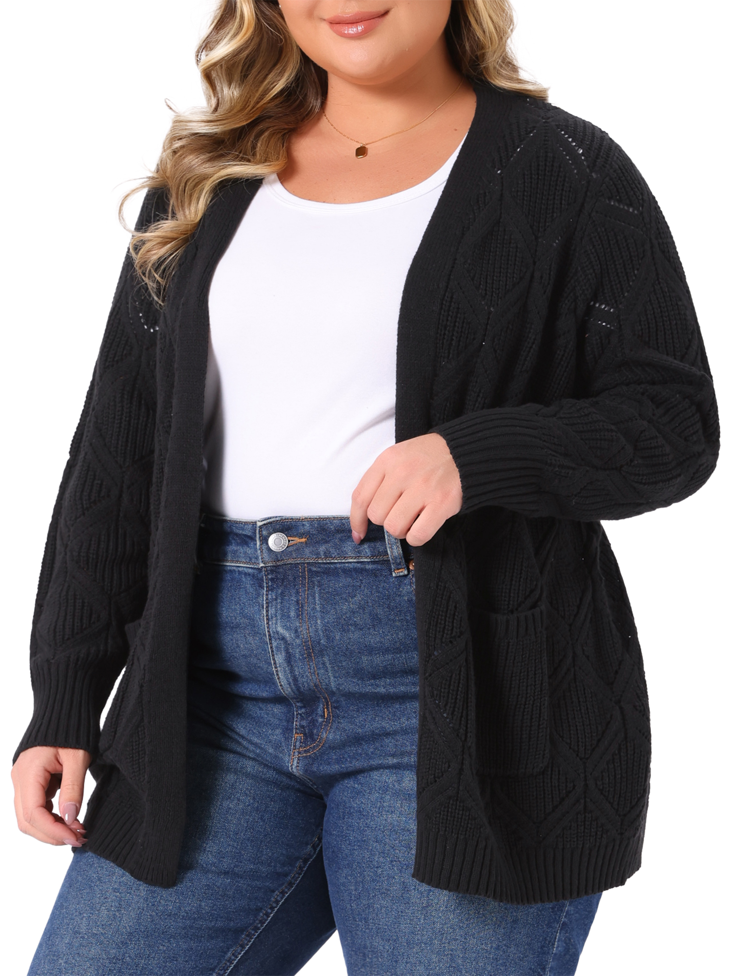 DARING DIVA Women's Plus Size Open Front Long Sleeve Cardigan with Pockets 2X Black