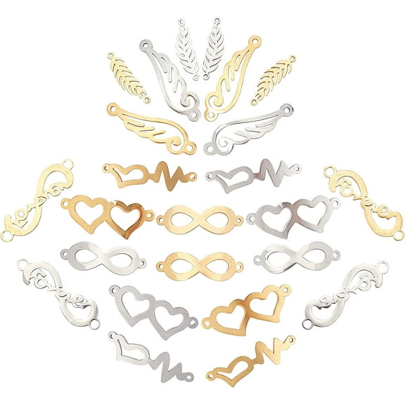 1 Box 24Pcs 6 Styles Stainless Steel Connectors Charms Infinity Links Hollow Heart Feather Wing Forever Charms with Double Loops for Jewelry Crafts Making Supplies Golden Silver