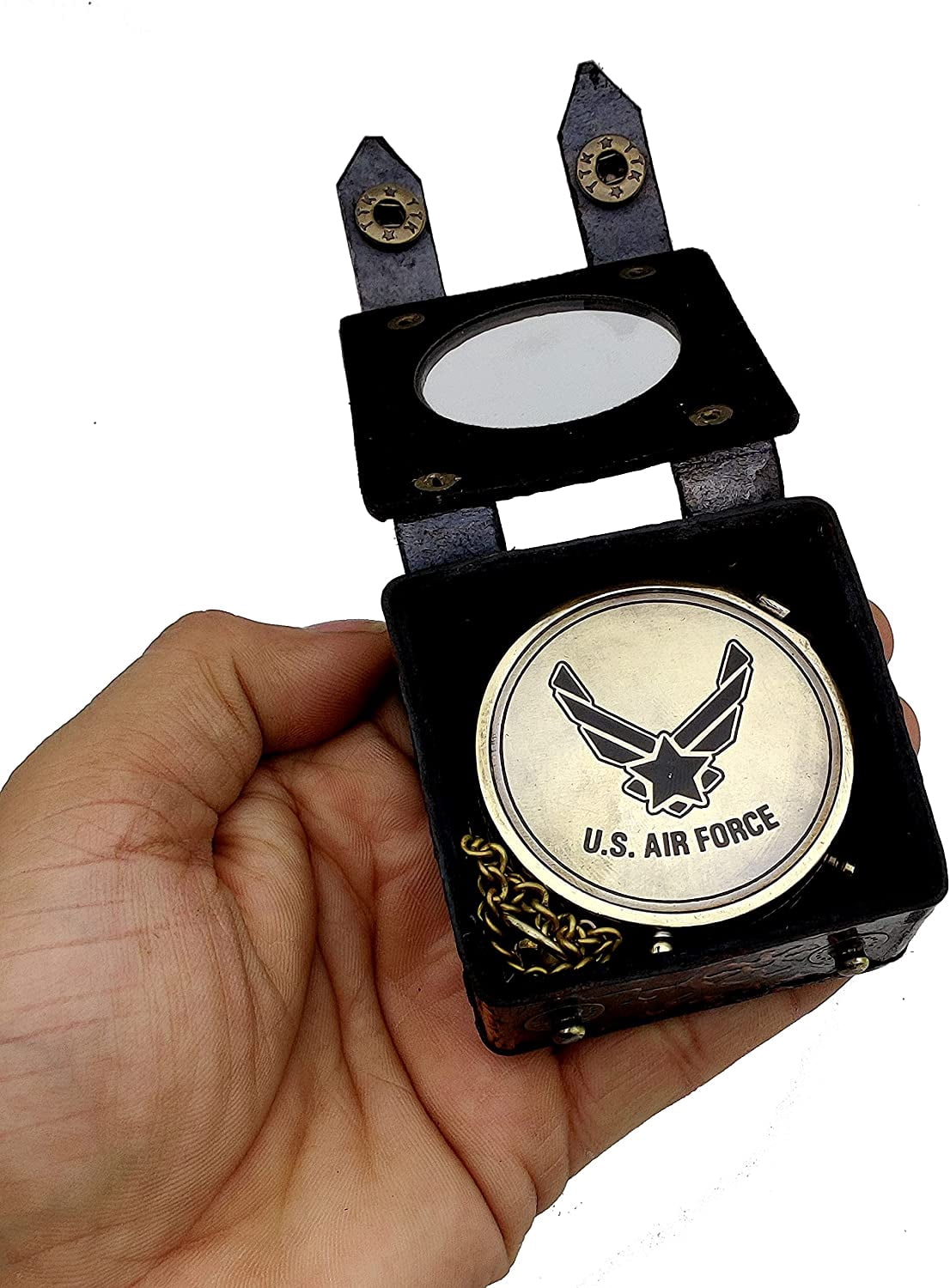 5MoonSun5's US AIR FORCE Engraved Brass Military Compass Nautical Marine Gift A Perfect and Unique gift for Army person Survival Navigation Compass for Hiking Camping Hunting with Leather display Case