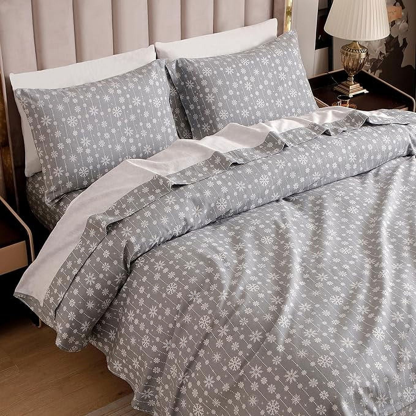 Elegant Comfort - 4 PIECE Holiday Christmas Flannel Cotton Sheet Set, Deep Pocket Fitted - King, Snowflake Gray