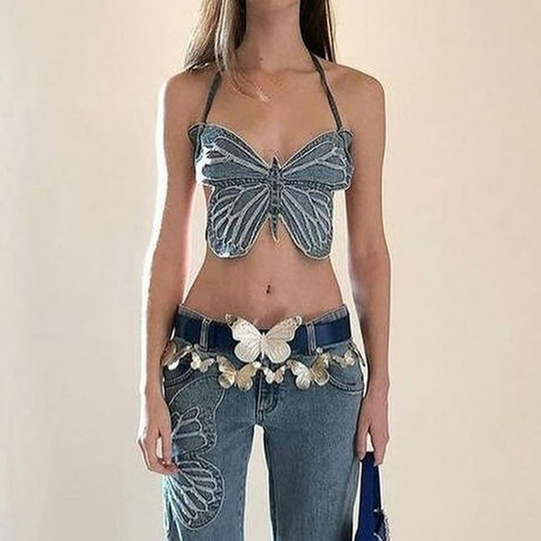 Hapeisy Y2k Clothing,Butterfly Jeans Crop Top Backless Strap Camis Sexy  Blue Cute Party Sweats Women Beach Holiday Mini Vest Summer Tee 