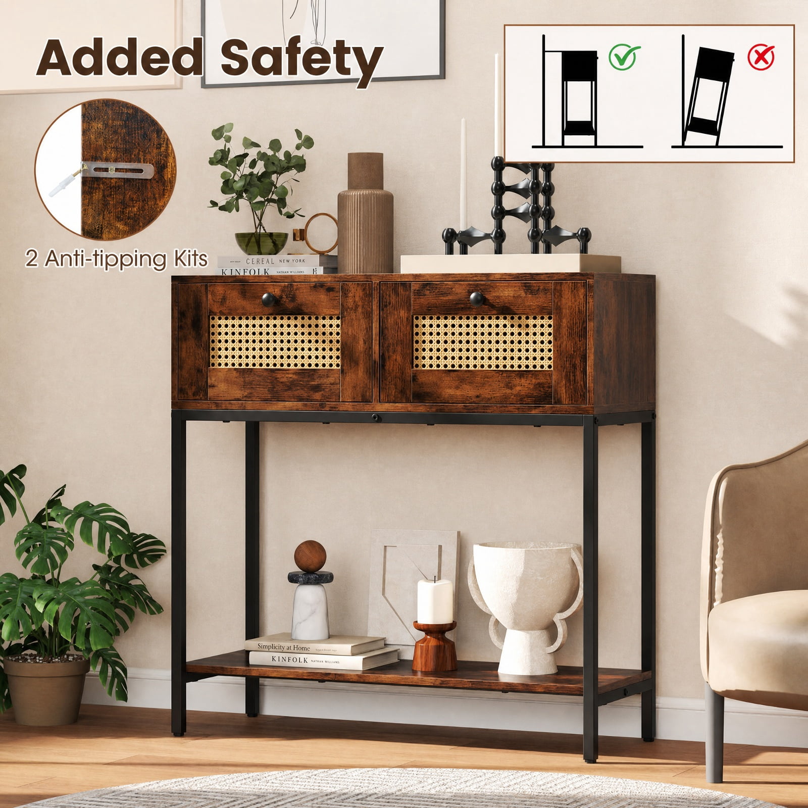 Furnibear Rattan Console Table Boho Entryway Table with 2 Rattan Drawers and Open Storage Shelf for Hallway Living Room, Rustic Brown