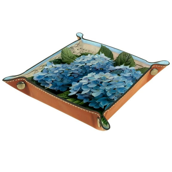 Women Girls Leather Square Dish Trinket Plate Jewelry Tray for Mothers Day Birthday Gift, Vintage Blue Hydrangeas