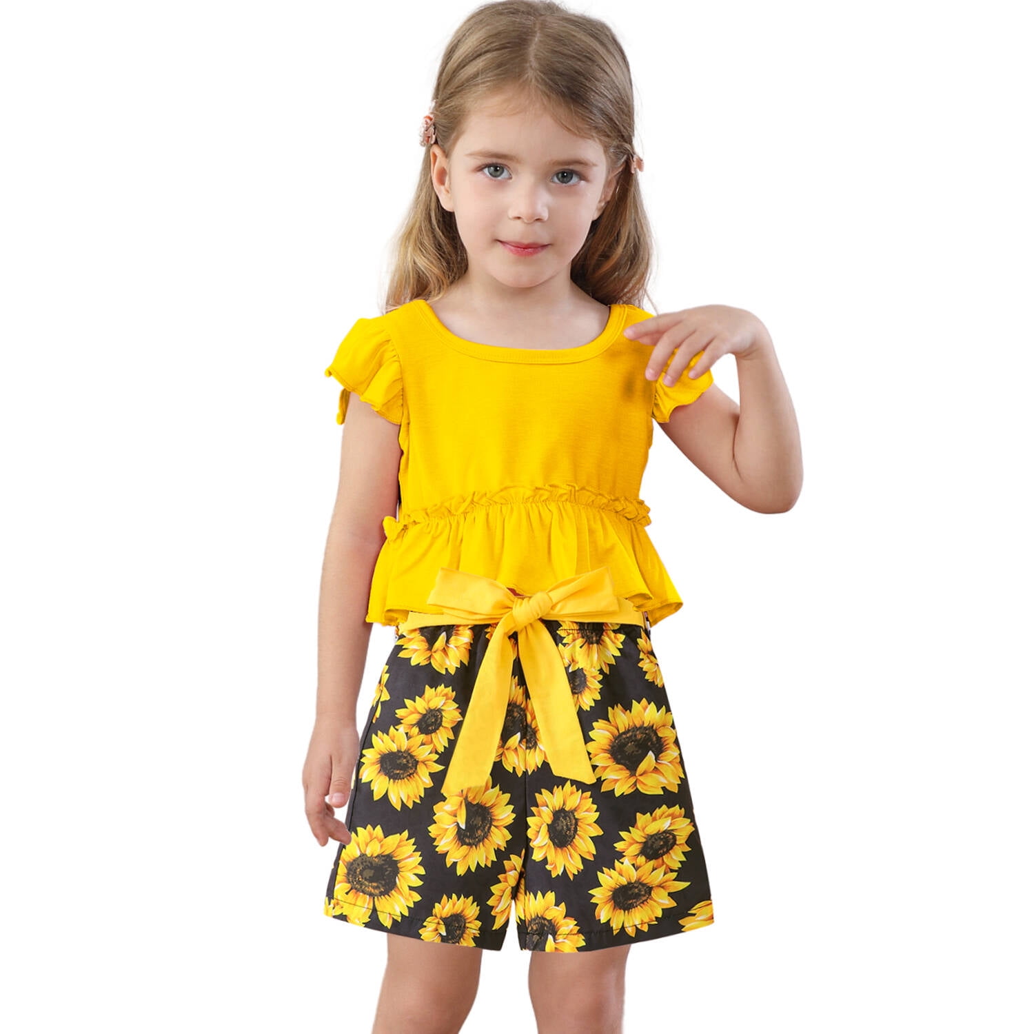 Toddler Girls Outfits Summer Clothes Yellow Tops and Sunflowe Print Shorts Set Size 67Y 7T/703