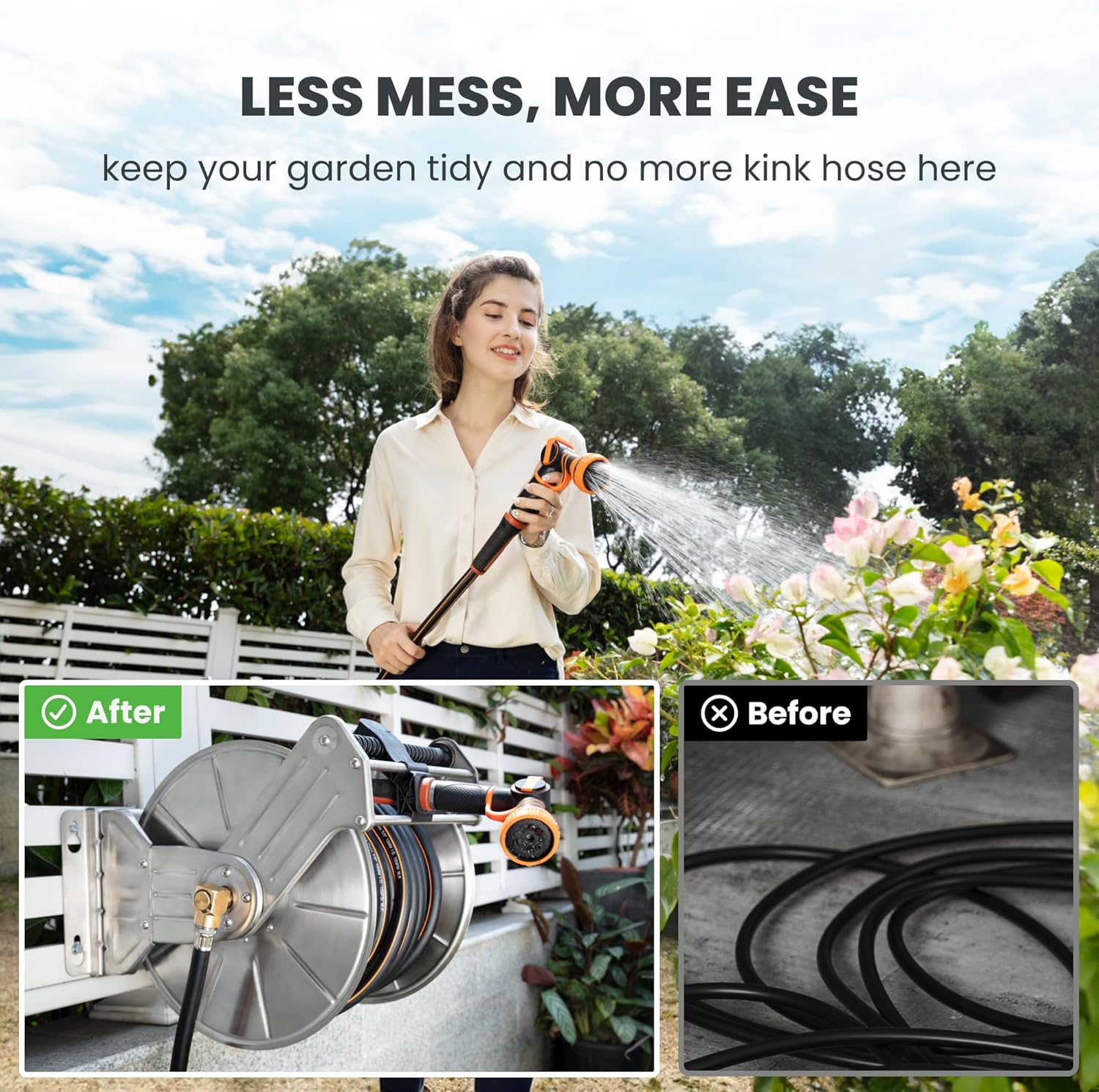 Giraffe Tools Stainless Steel Garden Hose Reel, Heavy Duty, Wall/Floor Mounted with Crank, 5/8in-150ft Hose Capacity