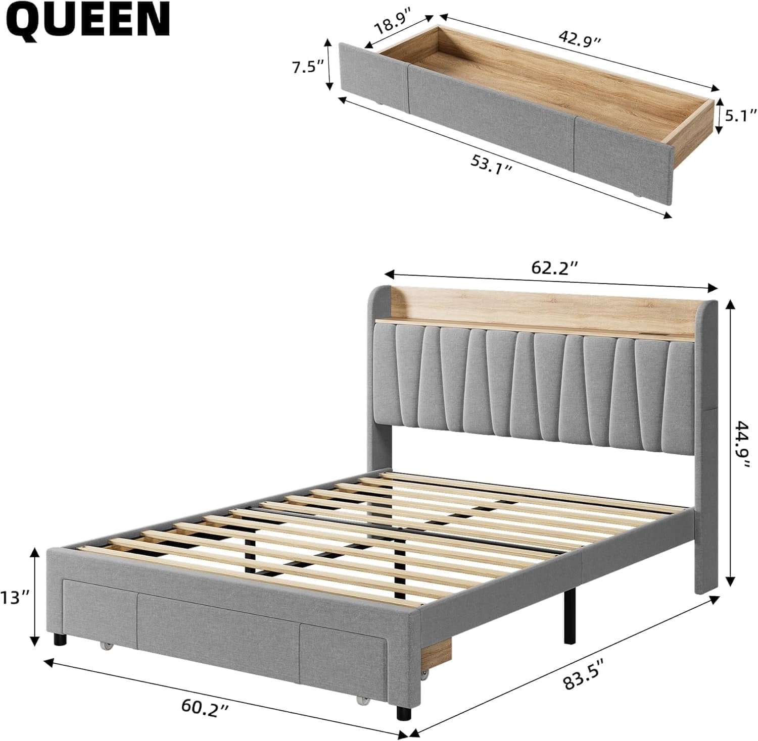 KOKEBREN Full Size Upholstered Platform Bed Frame, Metal Bed Frame for Bedroom, with Storage Drawers, Power Socket, Wooden Slats Mattress Foundation,Grey