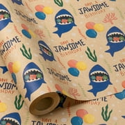 RUSPEPA Birthday Wrapping PriNst Paper Roll for Kids, Mini Kraft Gift Wrap Paper with Sharks, Balloons, HAVE A JAWSOME BIRTHDAY Text for Boys Girls Birthday Party Celebrations, 17 In X 16.4 Ft