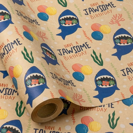 RUSPEPA Birthday Wrapping PresNok Paper Roll for Kids, Mini Kraft Gift Wrap Paper with Sharks, Balloons, HAVE A JAWSOME BIRTHDAY Text for Boys Girls Birthday Party Celebrations, 17 In X 16.4 Ft