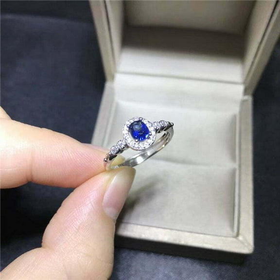 HeartsAndYou 1ct Natural Blue Sapphire & Diamond Ring Round Accent Halo 14k SOLID White Gold