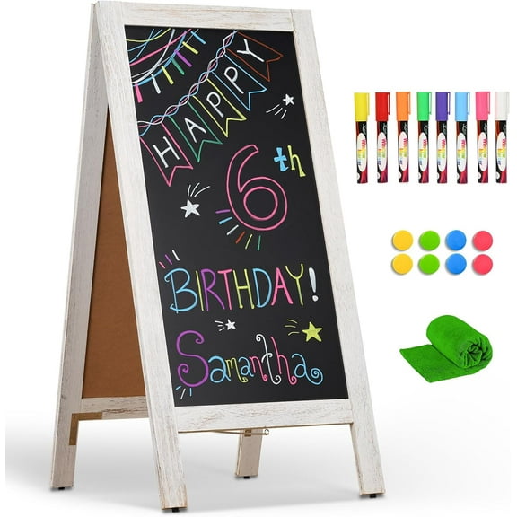 Double-Sided Magnetic Chalkboard 40"x20", Solid Pine Wood Freestanding Sandwich Board for Restaurants, Cafes, Weddings (Rustic White)