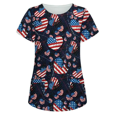 

Promotion! Gallickan Womens Scrub Tops Printed Women Short Sleeve Tops Working Uniform Independence Day Printed Pocket Blouse