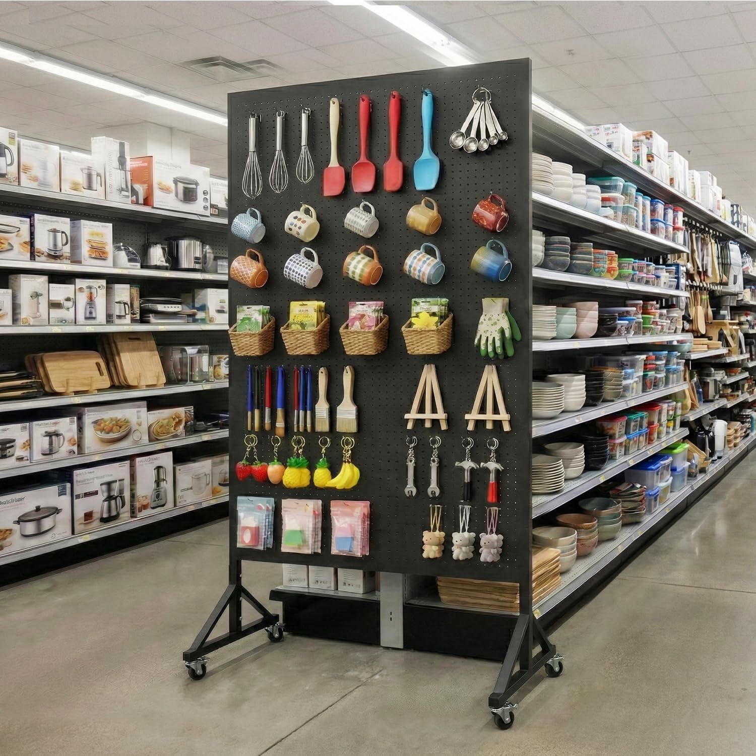 HAIDAIYA Metal Pegboard Display Stand, 3.5' x 5.5' Large Standing Peg Board Panel with 40 Hooks and Wheels, Adjustable Height, Pegboards for Office, Garage, Vendor, Retail Display Rack (Black)