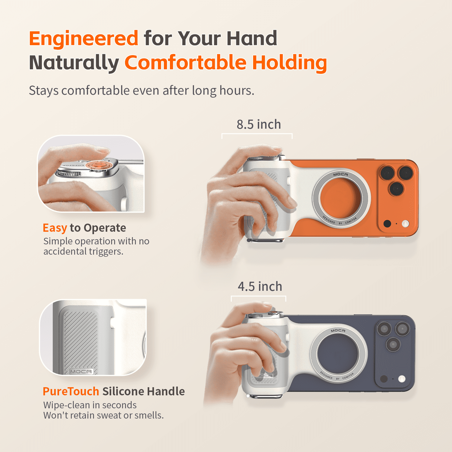 COMITOK MOCA Magnetic iPhone Grip–Wireless Rechargeable Remote Anti-Shake Ergonomic Camera Grip Compatible iPhone 17 iOS17/18 Vlogging TikTok YouTube