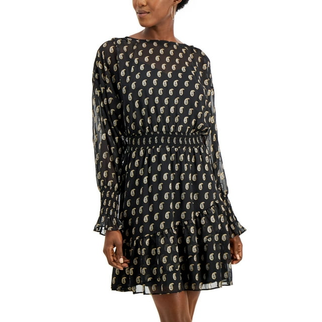 I.N.C Womens Ruffled Paisley Mini Blouson Dress, Black, Medium