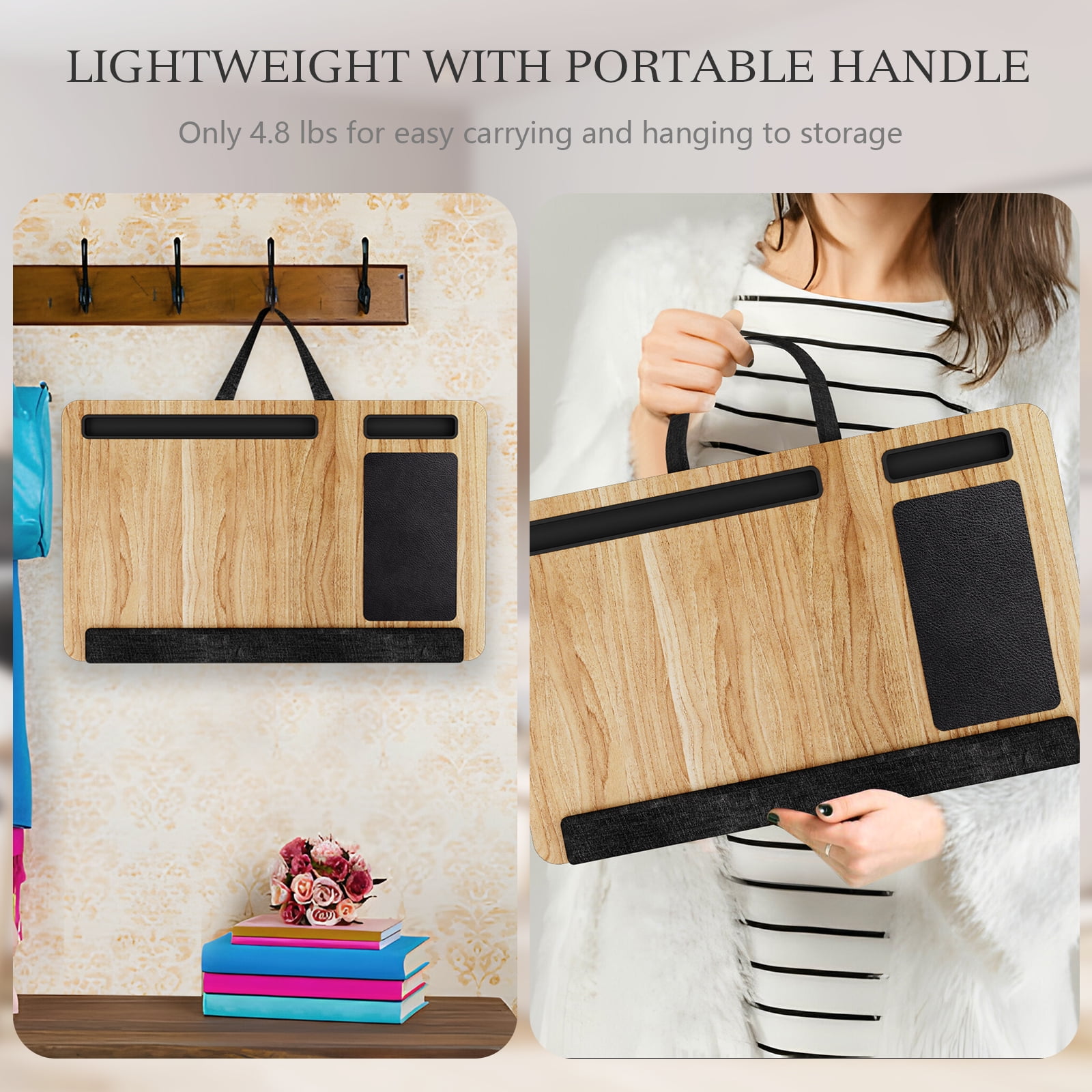 PHANCIR Portable Lap Desk for Laptop, Wood Lapdesk Bed Table with Handle Fits up to 15.6 inches Tray Table with Soft Pillow, Mouse Pad, Wrist Pad & iPad/Phone Slots, Laptop Stand 21.6 x 13.4in-Walnut