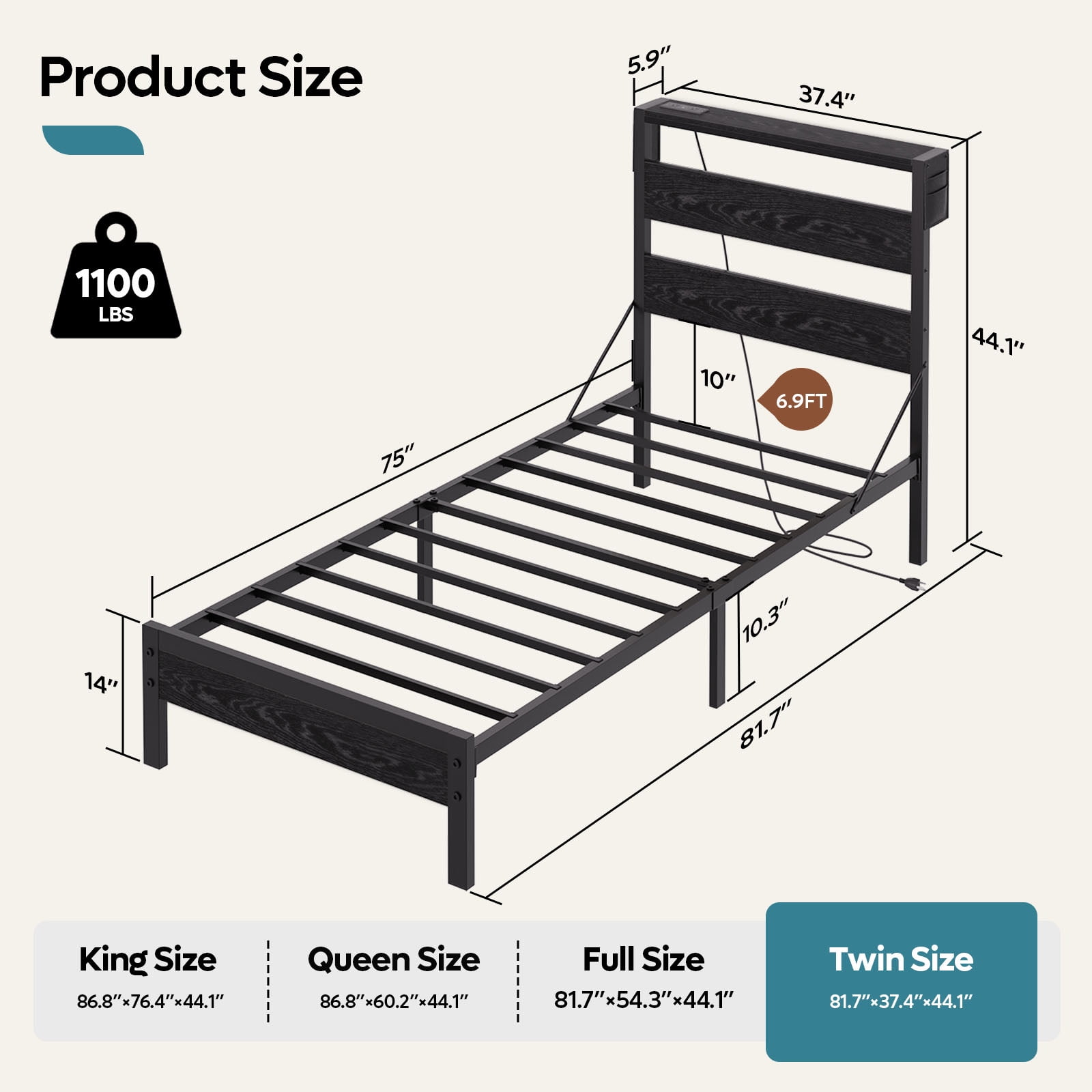Bestier Twin Size Platform Bed Frame with Storage Headboard, LED Lights & USB Charging Station, Metal Bed Frame Black