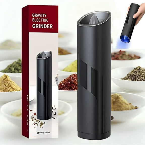 Baprem Gravity Electric Salt and Pepper Grinder with LED Light, Refillable Automatic Pepper Grinder Mill Shakers, Battery Powered & Adjustable Coarseness, Black