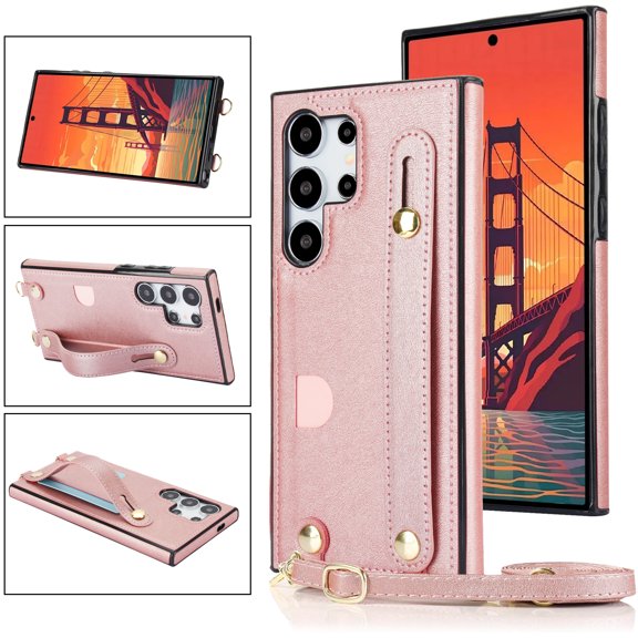 Allytech Slim Case for Samsung Galaxy S25 Ultra with Card Slot & Shoulder Strap, Premium PU Leather Adjustable Strap Wristband Kickstand Shockproof Full Protective Cover for Women Men - Rosegold