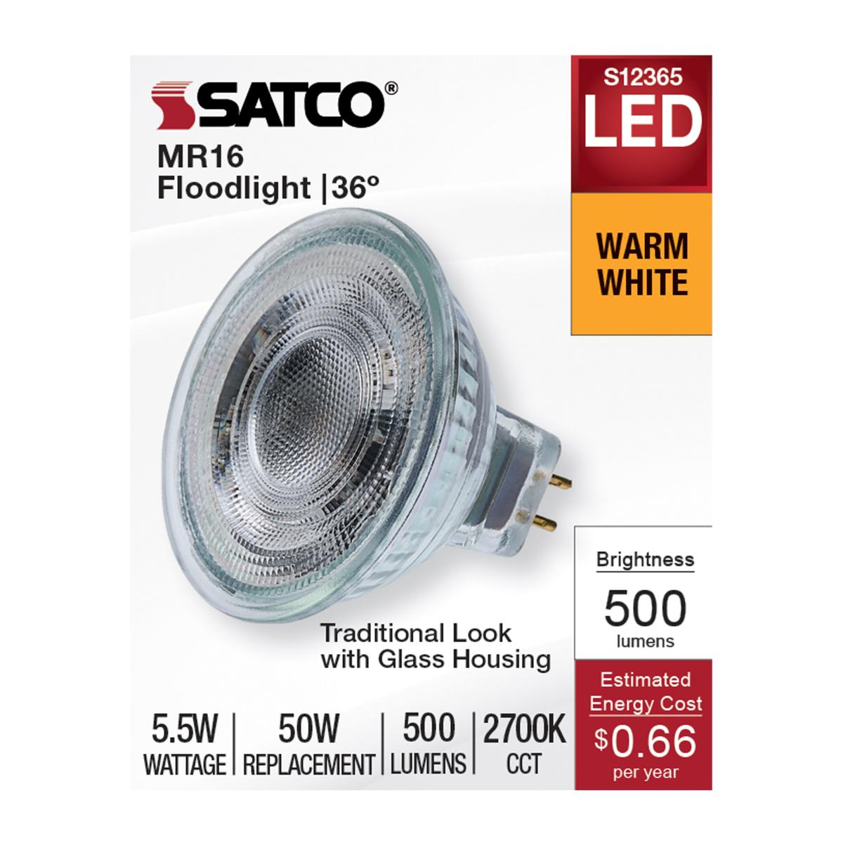 Satco S12365 MR16 LED Flood Light Bulbs 12V 5.5W 2700K GU5.3 Base Dimmable (12 Pack)