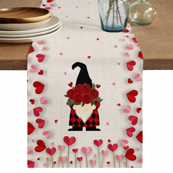 Red Gnomes Valentine's Day Cotton Linen Table Runner for Dining Kitchen, Love Heart Roses Rustic Wedding Outdoor Party Tablerunners Decoration, Dresser Scarf Coffee Tablecloth Runners 13x70 Inches