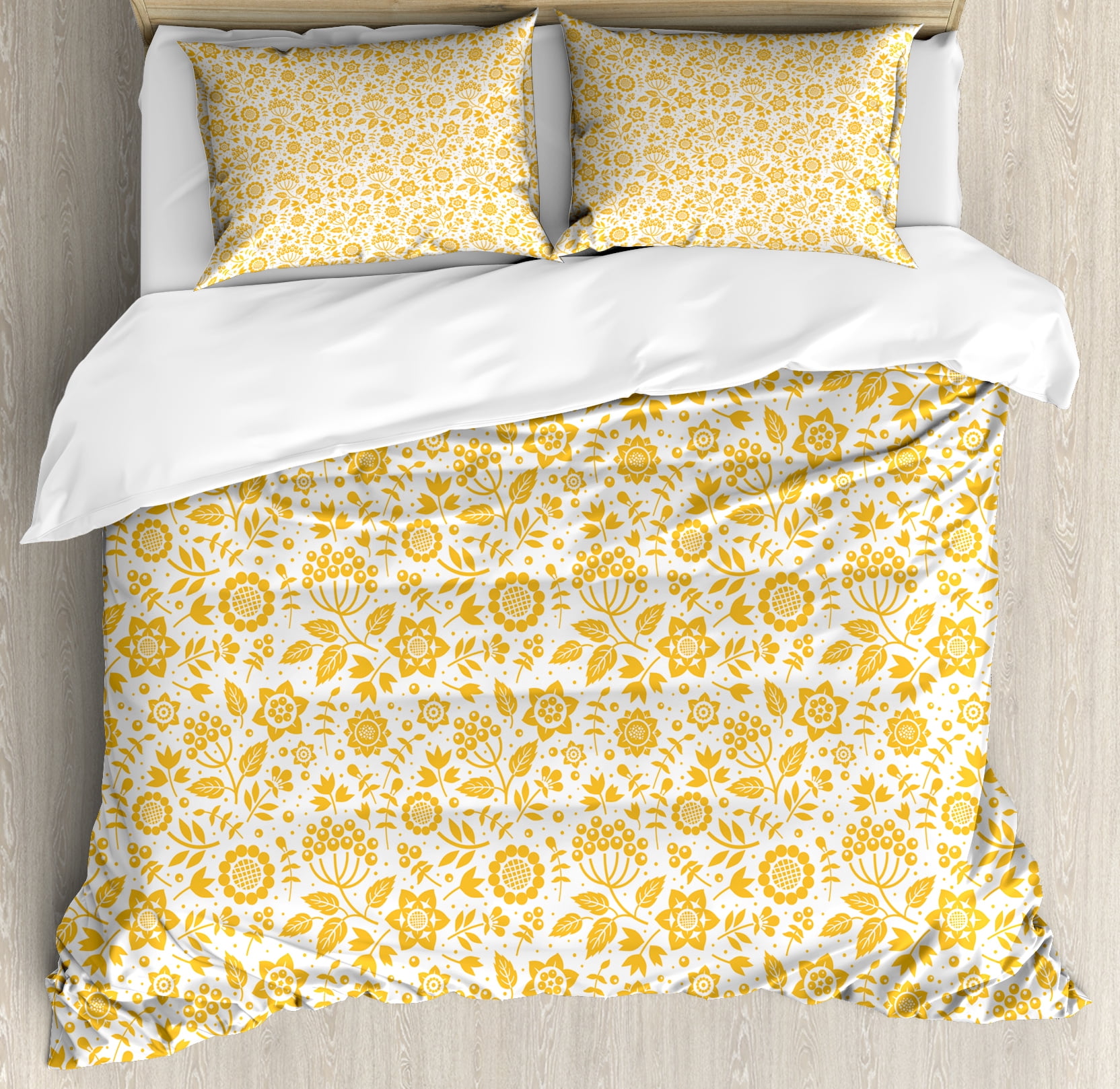 Yellow Flower King Size Duvet Cover Set, Rustic Composition with Berries Twigs Graphic Flora