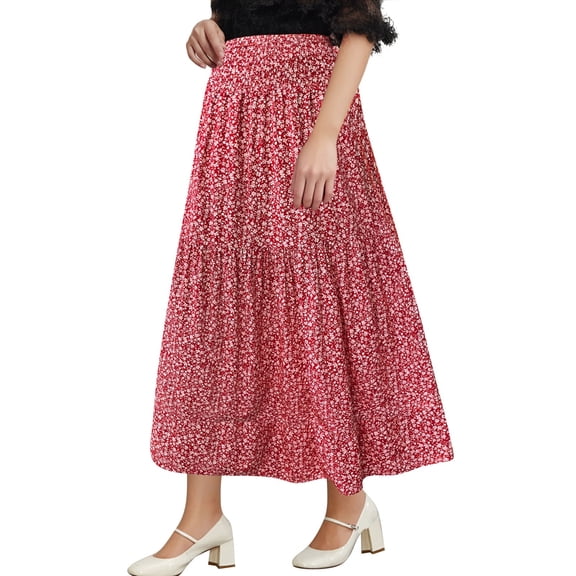 ibiyuan Spring Skirts For Women Elegant Floral Print Pleated Skirt for Women High Waisted A-Line Boho Style Dressy Long Skirt
