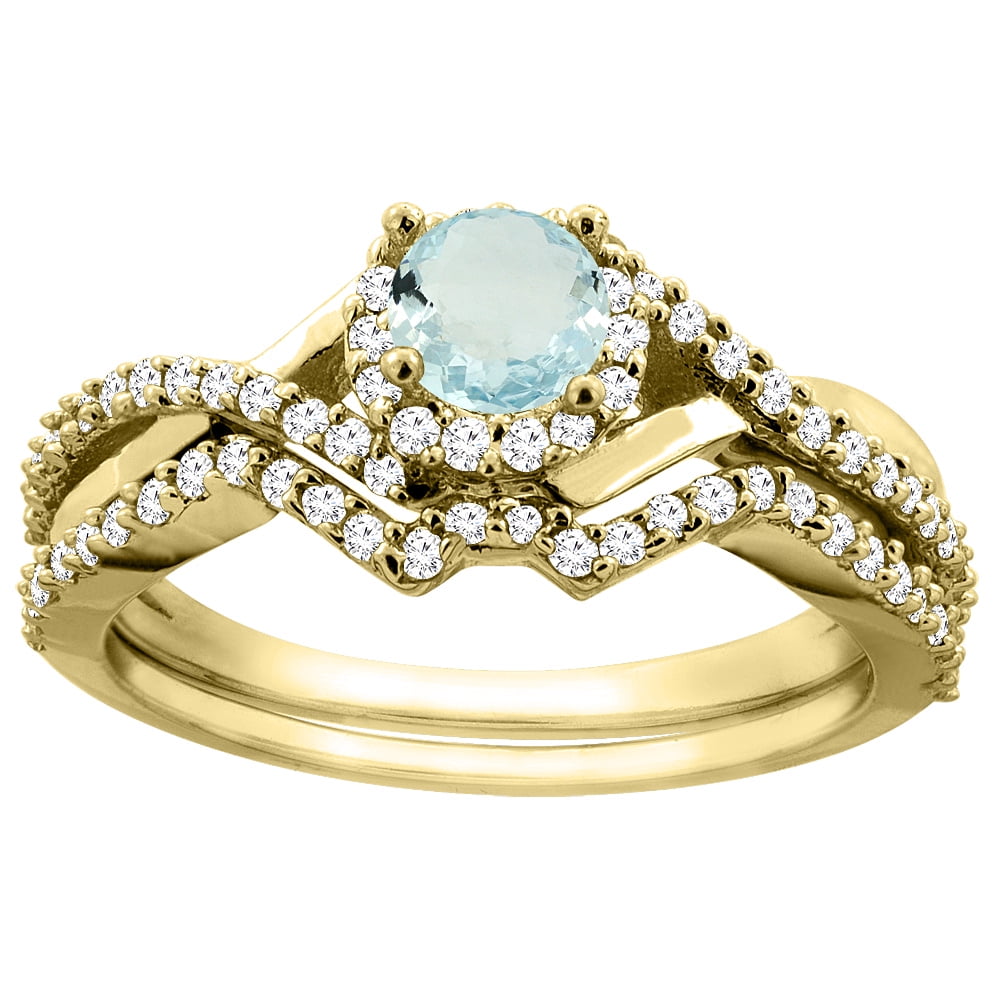 14K Yellow Gold Natural Aquamarine 2-piece Bridal Ring Set Round 5mm, size 5 by Gabriella Gold