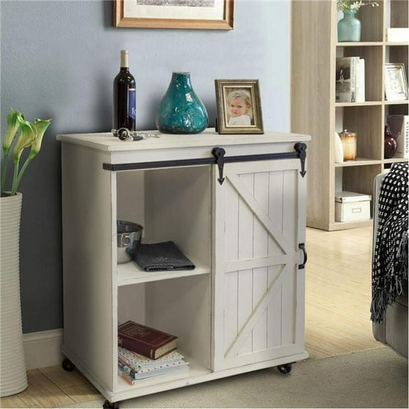OS Home & Office Model Farm House, Weathered & Sliding Barn Door Storage Cabinet with Five Spacious Shelves, Distressed Antique White