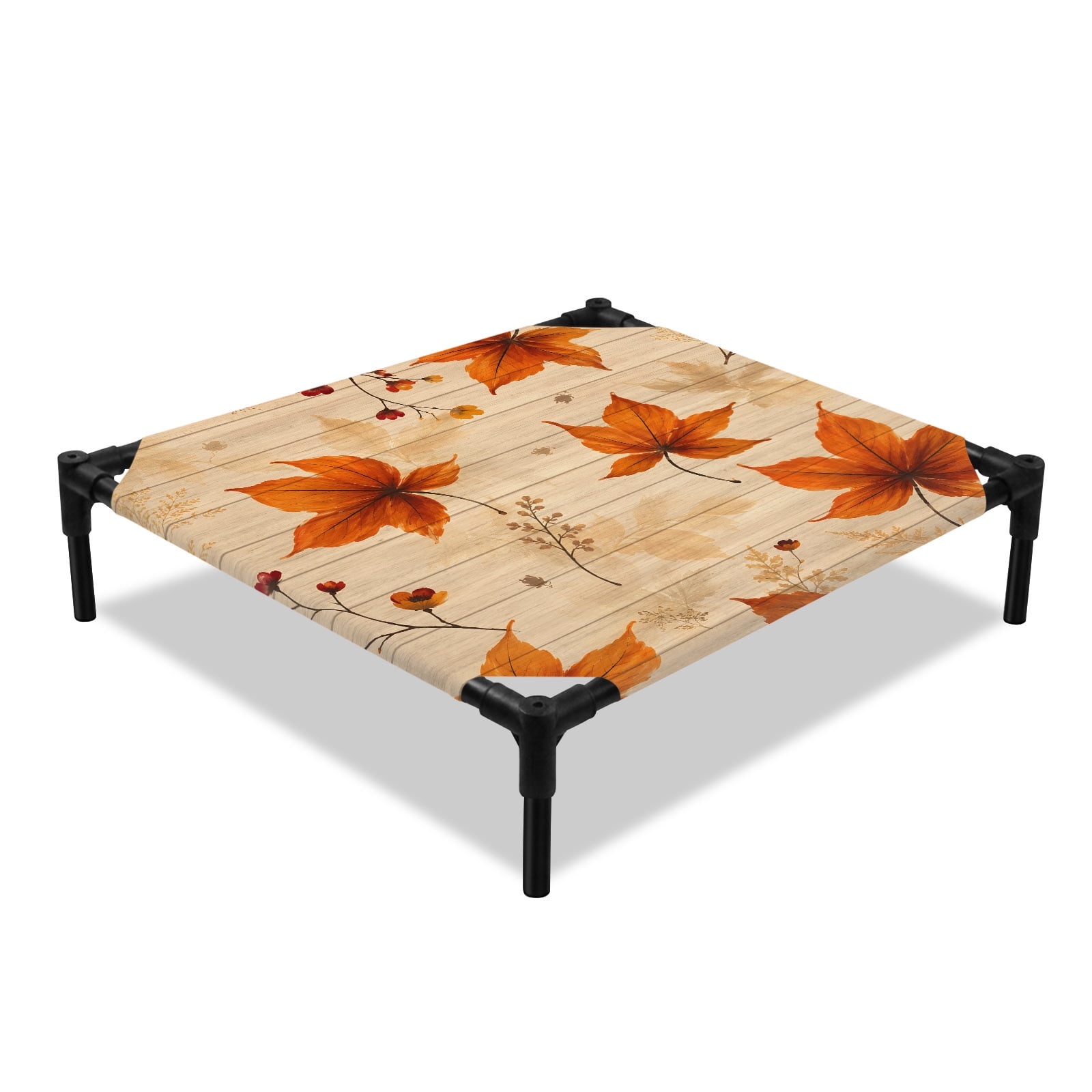Golden Maple Leaf Elevated Dog Bed Fall Small Berry Stems Cottagecore Country Wood Grain Cooling Breathable Outdoor Raised Dog Cot Bed with Metal Frame Non-Slip Feet for Small Dog 20x20in