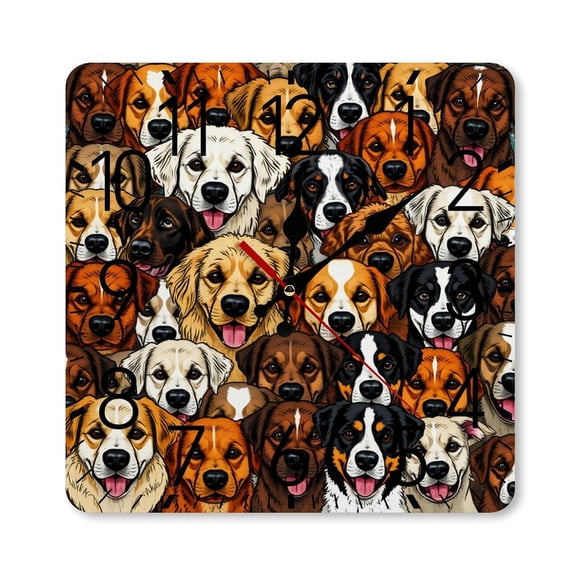 RKSupls 10×10inch Square Silent Wall Clock Wooden Frame, Dogs Faces Collage Scale Decorative Clock for Home Bedroom Living Room Office