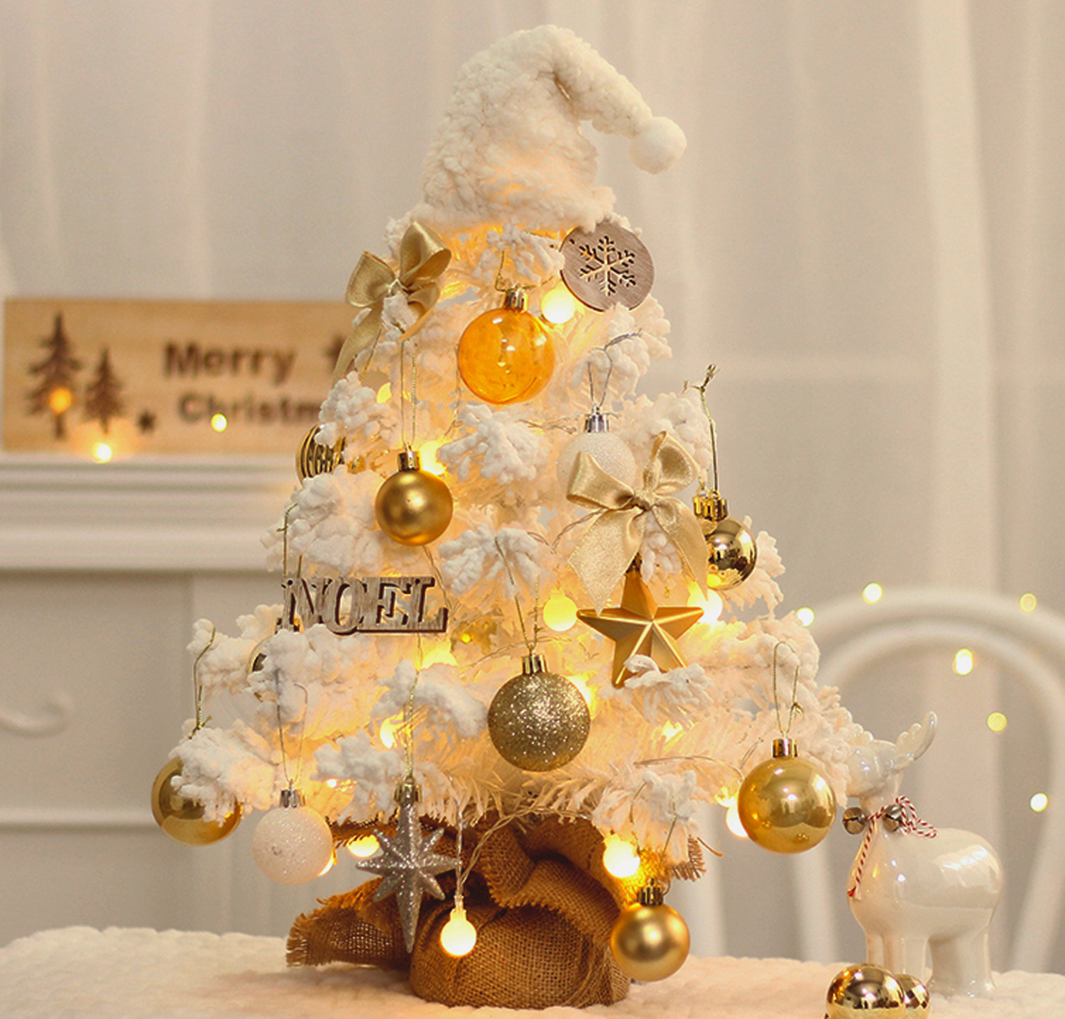 iYofe 20" Tabletop Mini Christmas Tree Set with LED Light, White Small