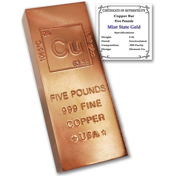 Five Pound (5 lb) Copper Bar Paperweight | .999 Pure | Chemistry Element Design with Certificate of Authenticity by Mint State Gold