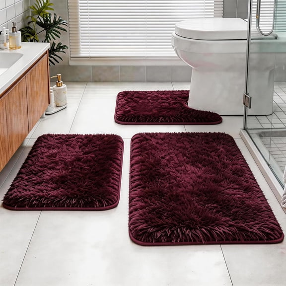 RLESO Shaggy Bathroom Rugs Set Plush Velvet Bath Rugs Non-Slip Bath Mat Set 3 Piece,Washable Mats,Absorbent Shaggy Rugs Super Soft U-Shaped Toilet Rug,Bahroom Carpets for Bathroom,Tub,Shower