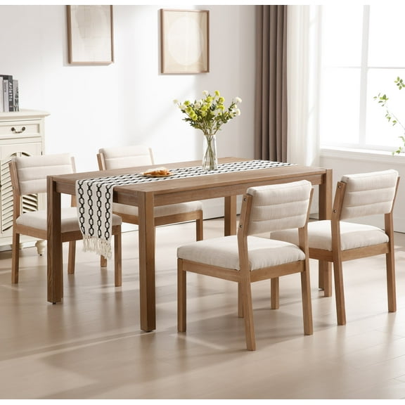 Guyou Solid Wood Dining Chair Set of 4, Mid Century Modern Upholstered Kitchen Chairs with Open-Back, Farmhouse Linen Dining Side Chairs For Kitchen Dining Room Living Room, Beige
