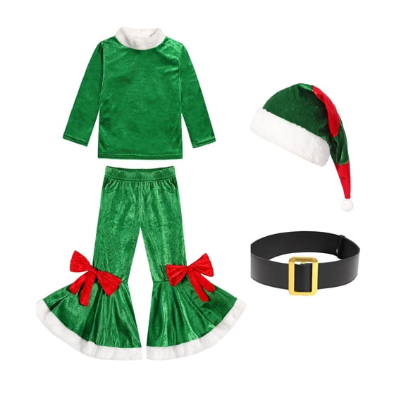 Elf Kids Outfit Long Sleeve Top Flared Pants Belt and Hat Set Christmas Outfit for Boys Dress Up Clothes 6-7 Years