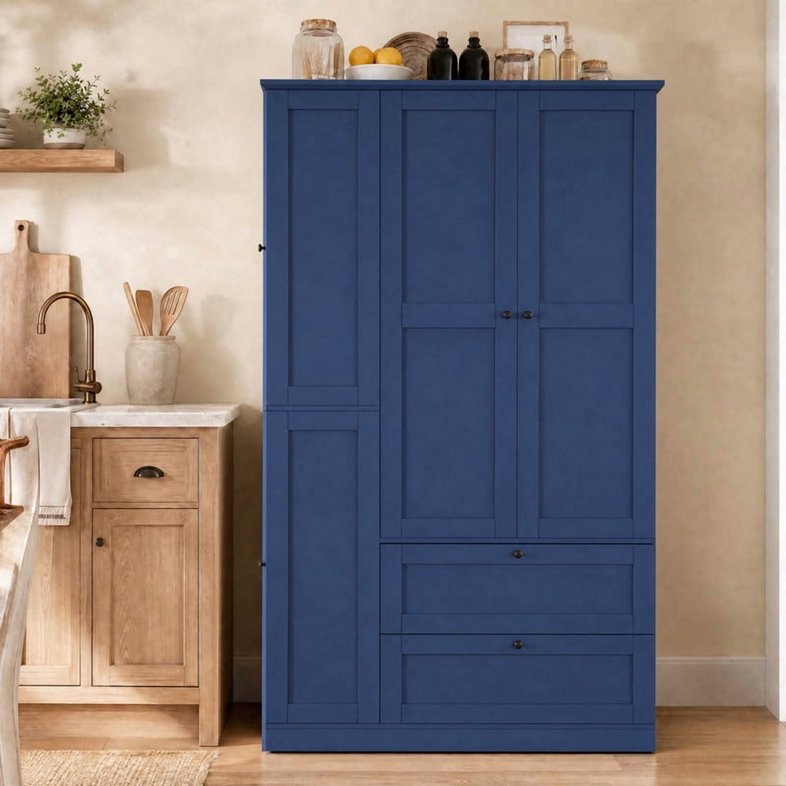 Versatile Kitchen Pantry with Shelves, Drawers, Pull-Out Trays & Side Storage Cabinets, Hutch Cupboard with Adjustable Shelf
