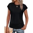 thumbnail image 3 of T-shirts d'Été pour Femmes Froncés à Manches Courtes Style Cap, T-Shirts à Col Rond, Mode, Noir, P, 3 of 8